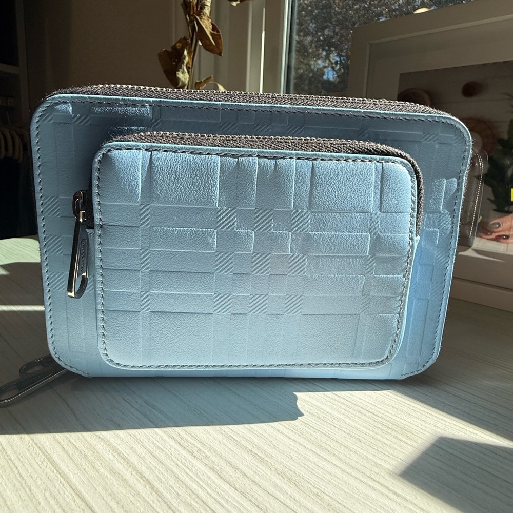 Burberry Jake Embossed Check Leather Crossbody in baby blue
